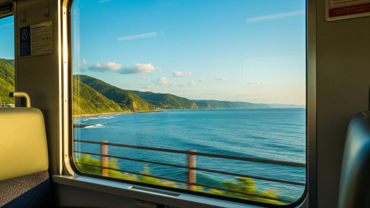 函館本線の石狩湾沿いを走る列車の車窓から見た夏の海。山と海が広がる景観。