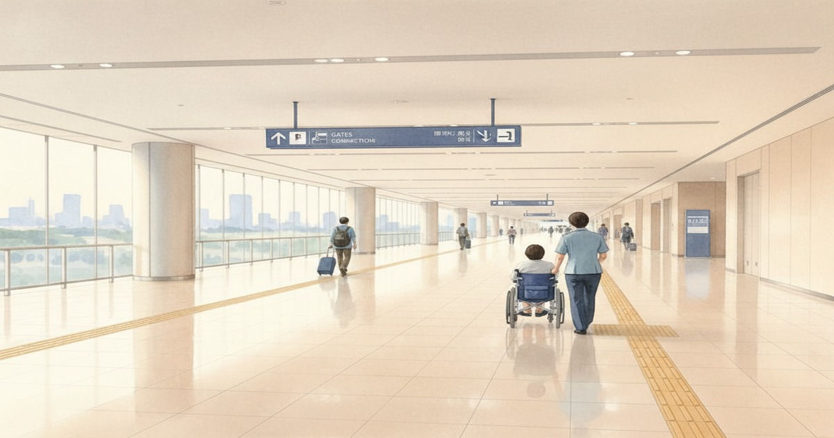 新千歳空港のエレベーターホールと車椅子の方が移動するイメージ