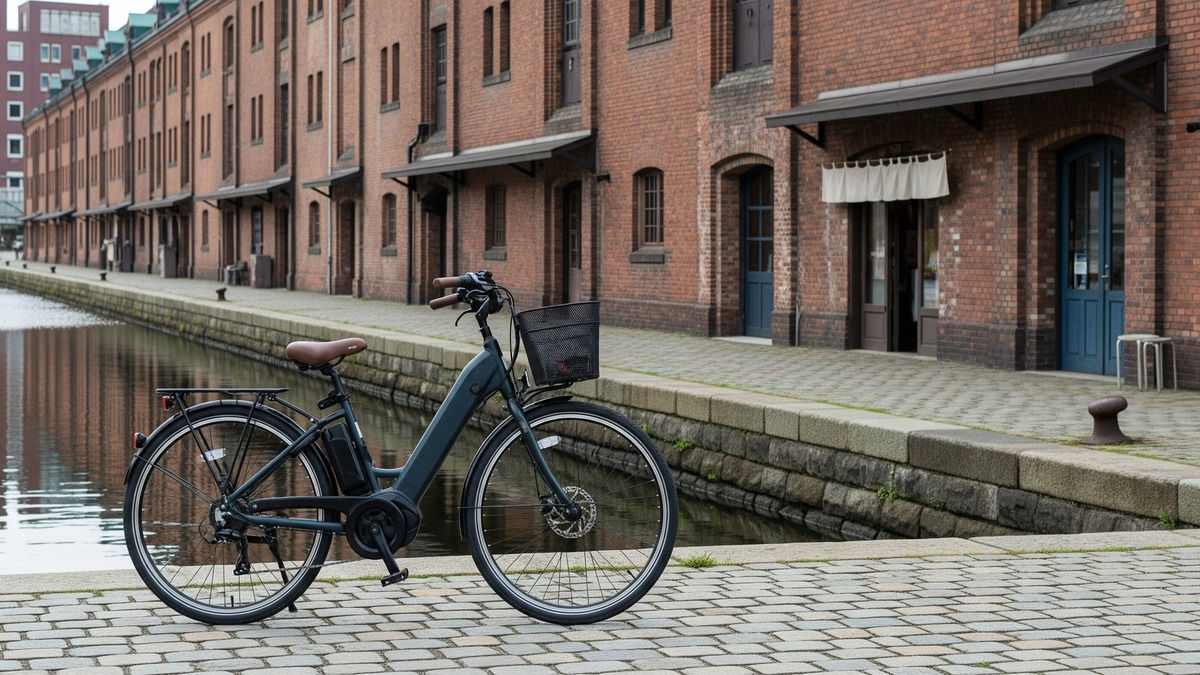 小樽運河付近の石畳を走る電動自転車。レンガ倉庫の建物が連なる小樽の街並み。