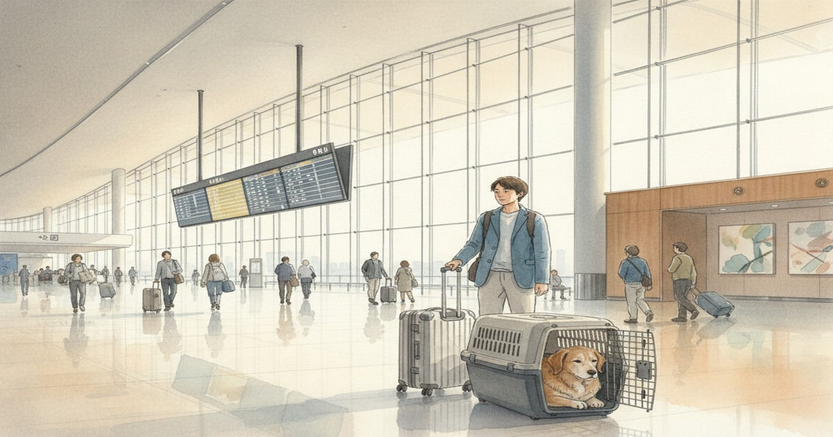 新千岁机场航站楼与待在航空箱里的狗狗示意图