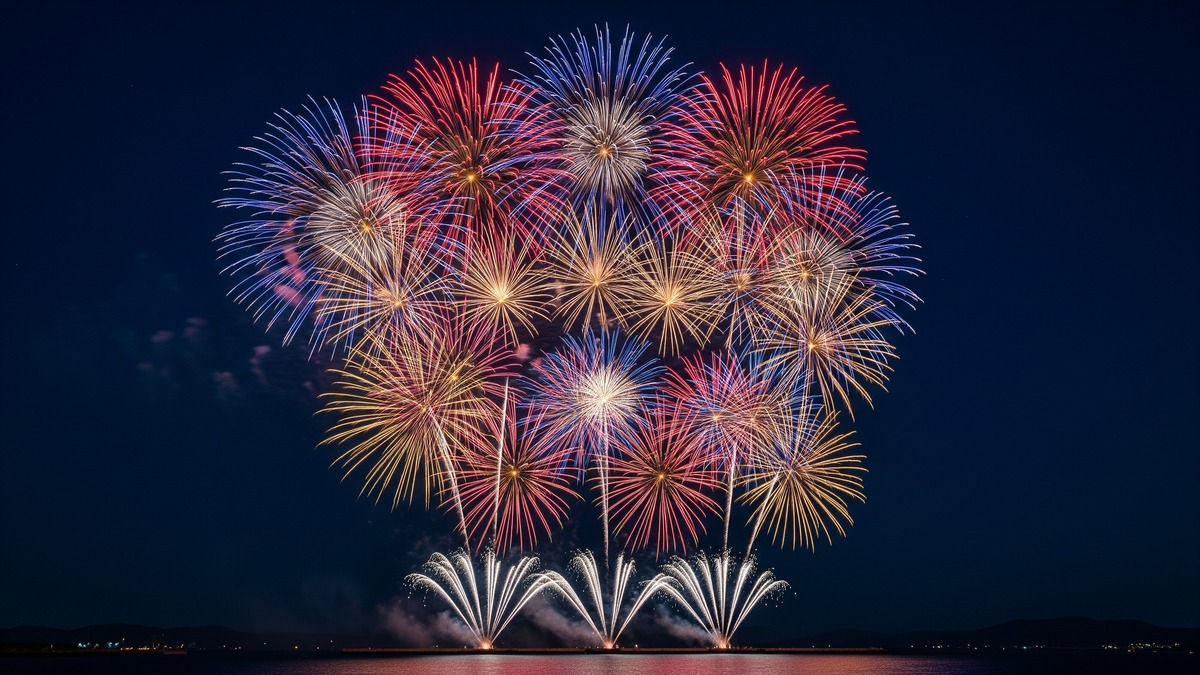 小樽港の花火大会 打ち上げ場所から見た迫力ある花火