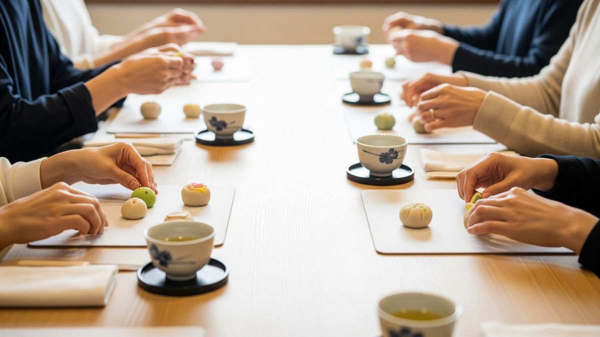 色とりどりの上生菓子が整然と並ぶイメージ