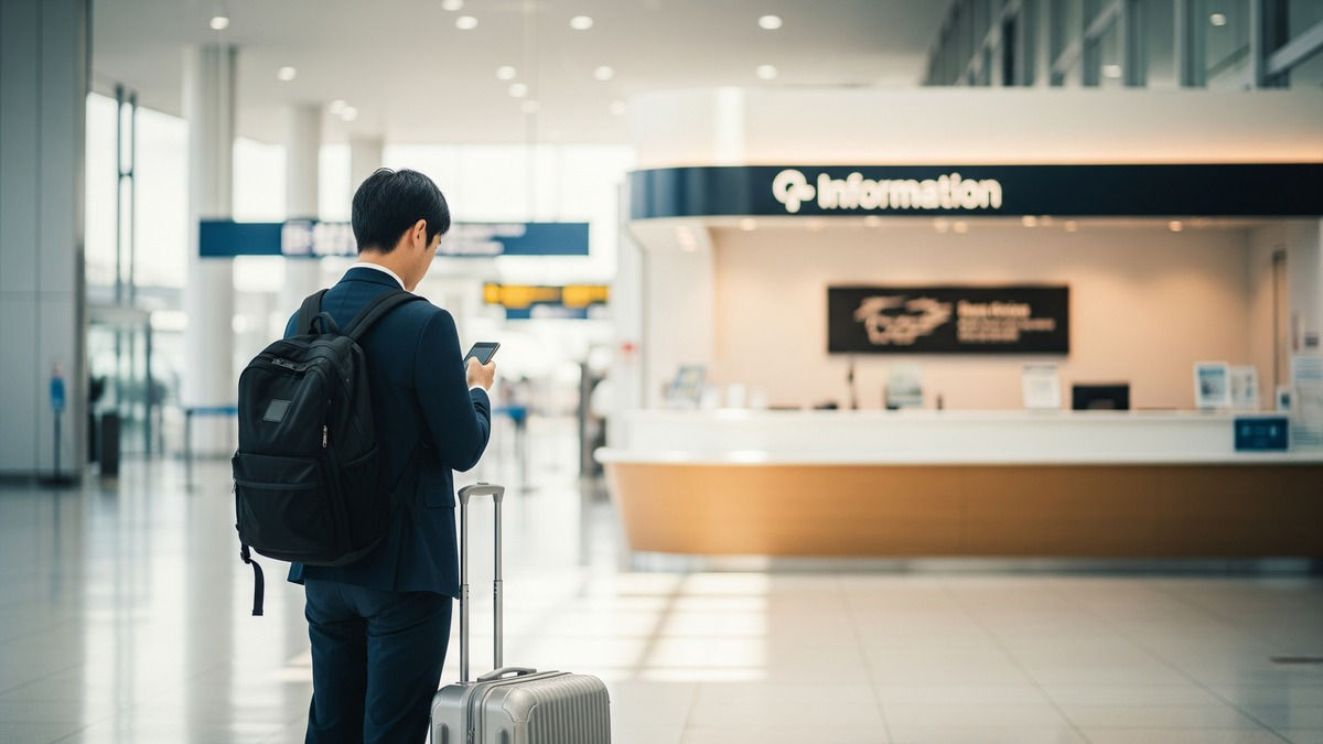 新千歳空港でスマートフォンを見ながら到着後の準備をする旅行者のイメージ