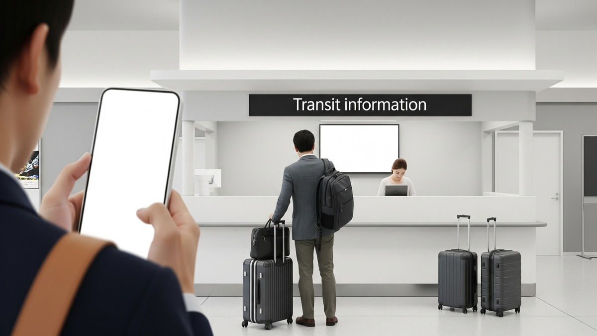 国際線到着ロビーでSIMと交通案内を確認する旅行者のイメージ