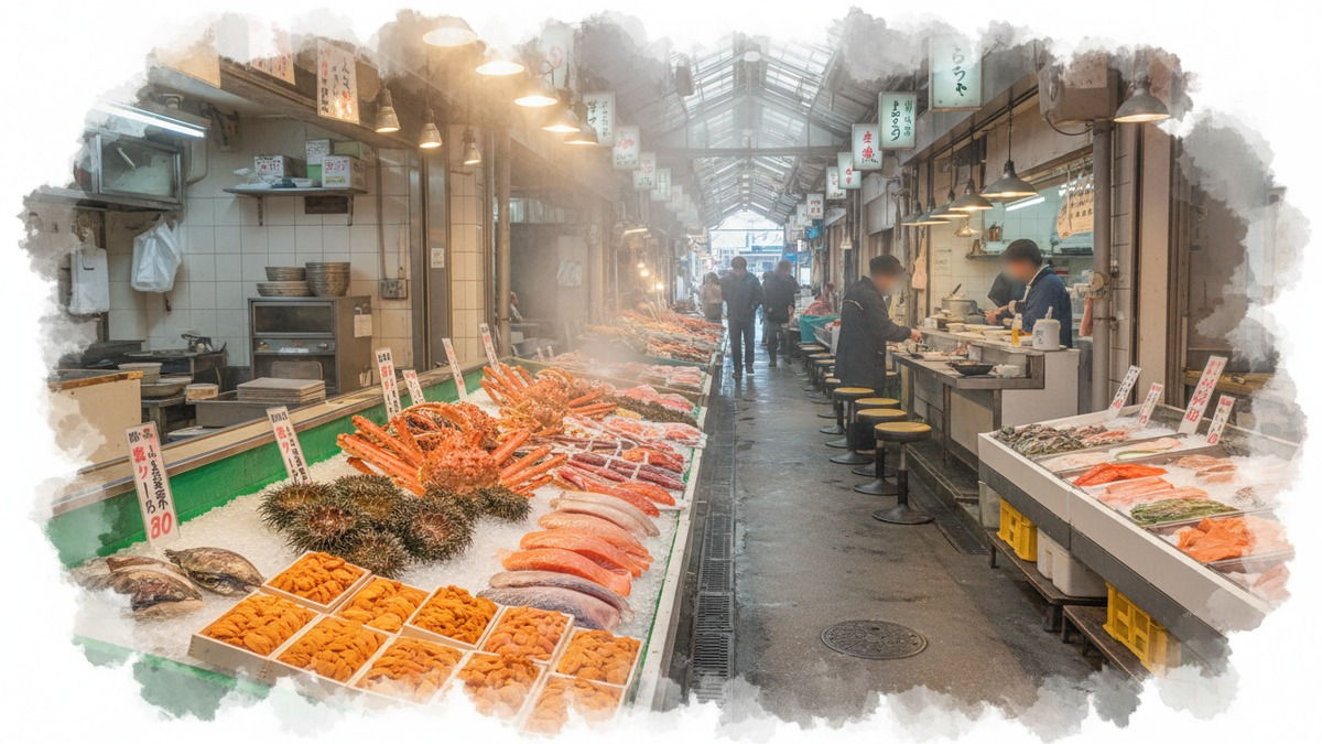 小樽三角市場の海鮮食堂エリアと新鮮な海産物のイメージ