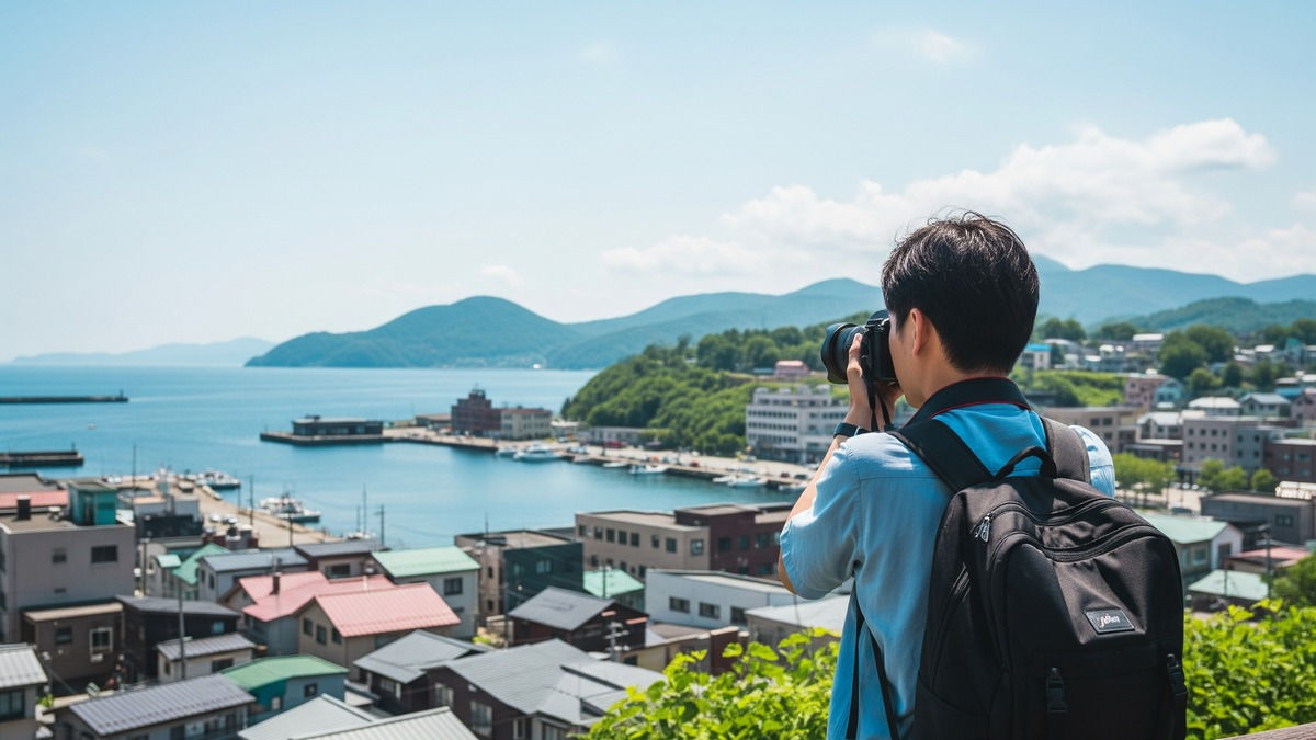小樽の港と高台から写真を撮る旅行者のイメージ