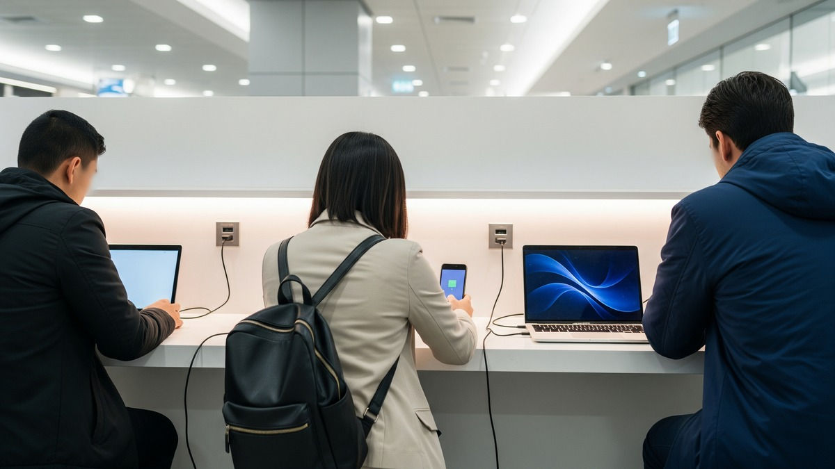 空港の無料Wi-Fiと充電スペースを利用する旅行者のイメージ