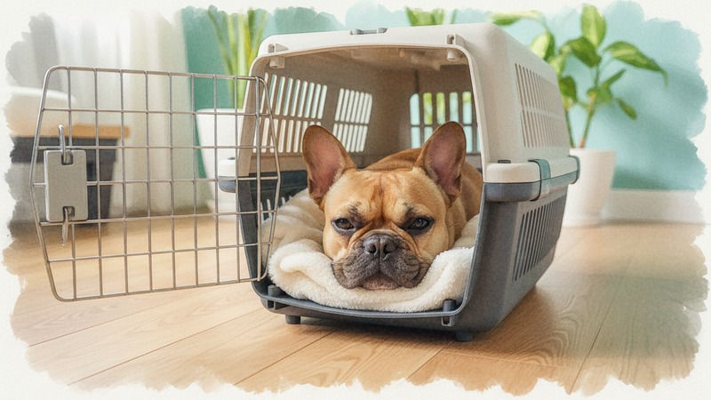 在航空箱中休息的短鼻犬