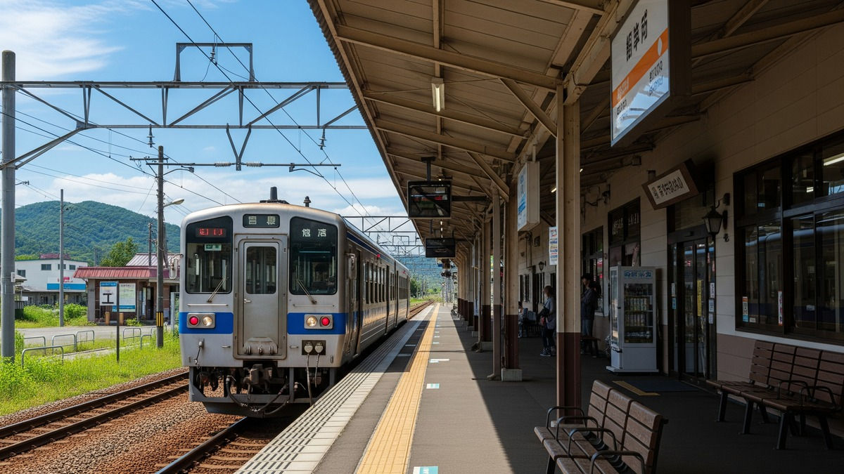 小樽駅ホームに入線する普通列車。北海道の青空と駅のホームが広がる。