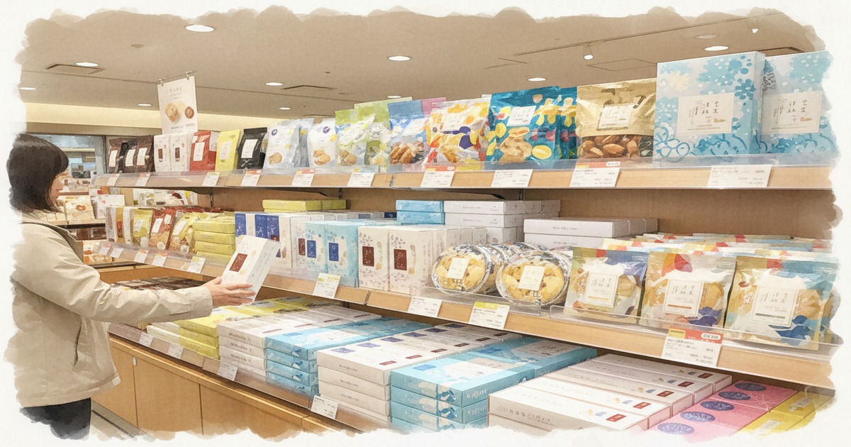 新千歳空港の土産売り場に並ぶ北海道銘菓のイメージ