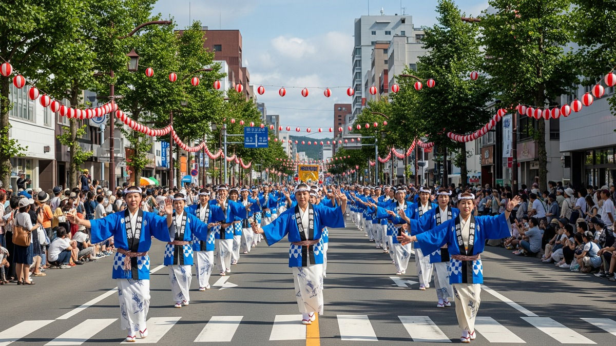 潮ねりこみ 法被を着た踊り手が市内を練り歩く様子