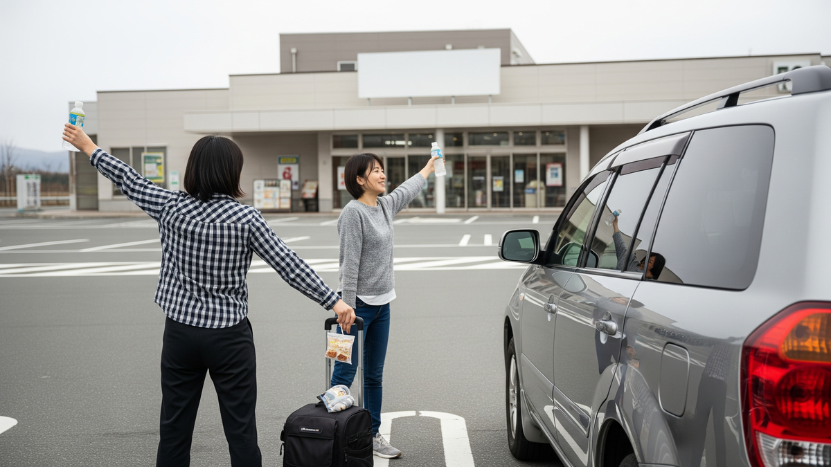 高速道路の休憩エリアで飲み物とトイレ休憩を済ませるイメージ