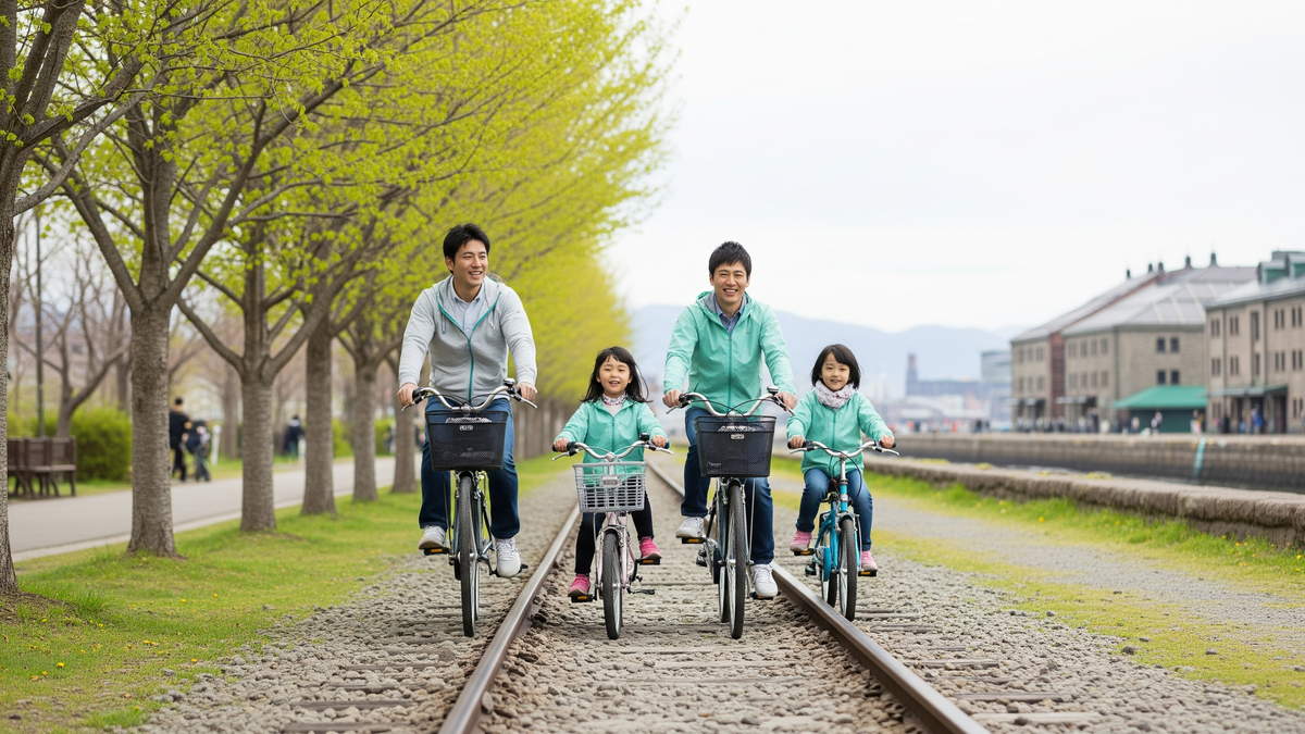 旧手宮線で家族連れがレンタサイクルで散策するイメージ
