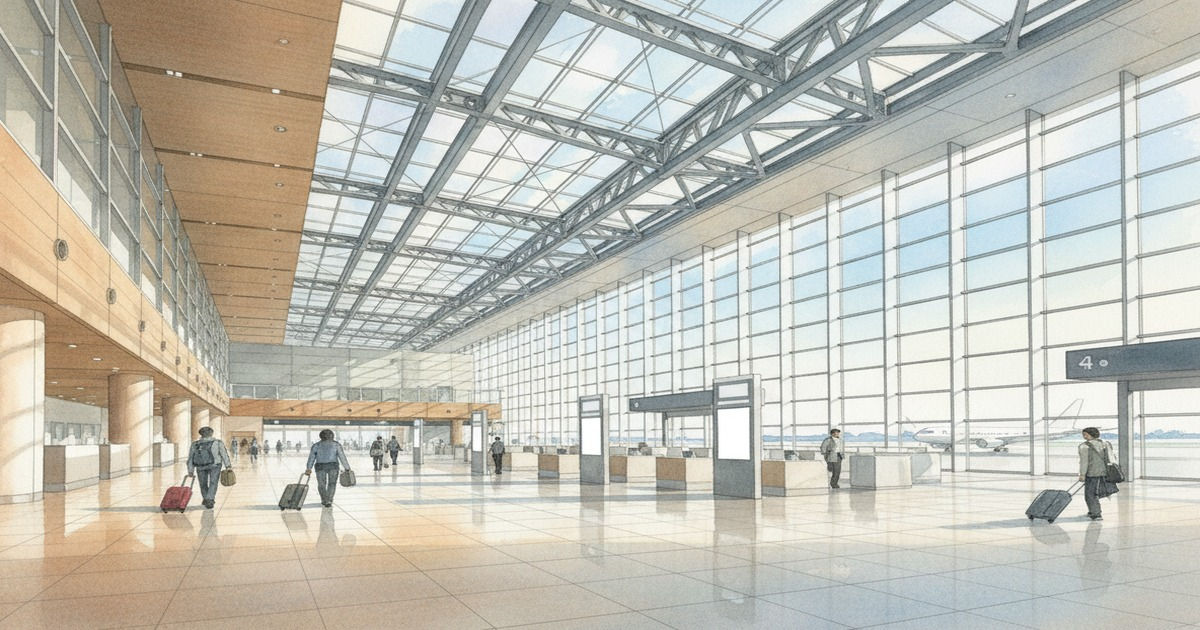 新千歳空港ターミナルビルの吹き抜けと旅客のイメージ