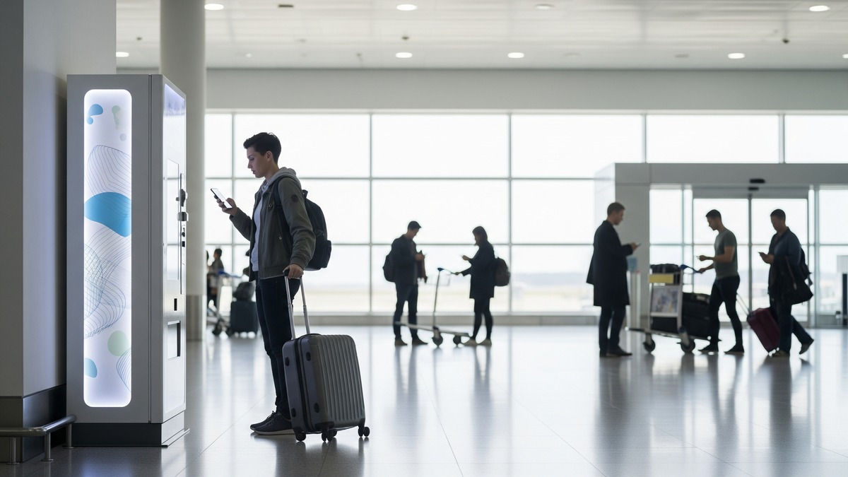 空港到着ロビーでSIM自販機とスマートフォンを確認する旅行者のイメージ