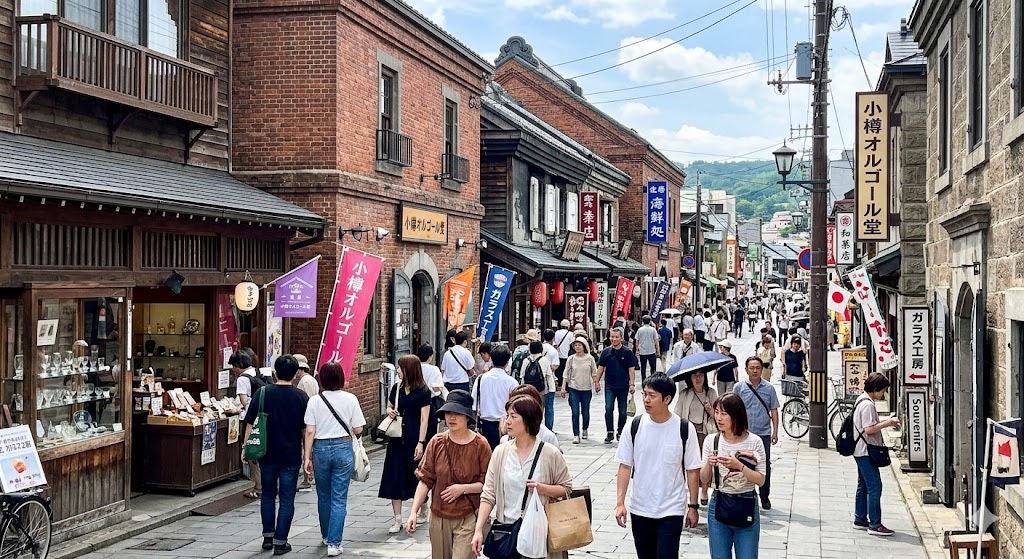 역사적인 석조・벽돌 건물이 늘어선 사카이마치 거리에서 낮에 쇼핑하는 사람들